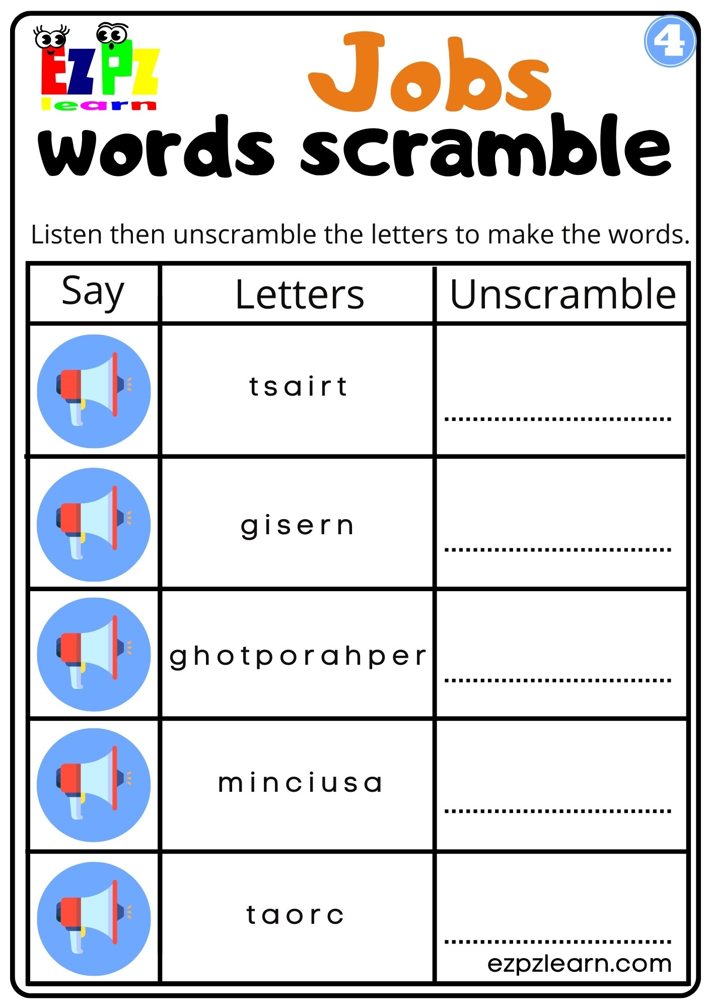 Jobs Vocabulary Interactive Worksheet Listen, Unscramble and Write the Words Activity for Kids, K5 and ESL Students G4